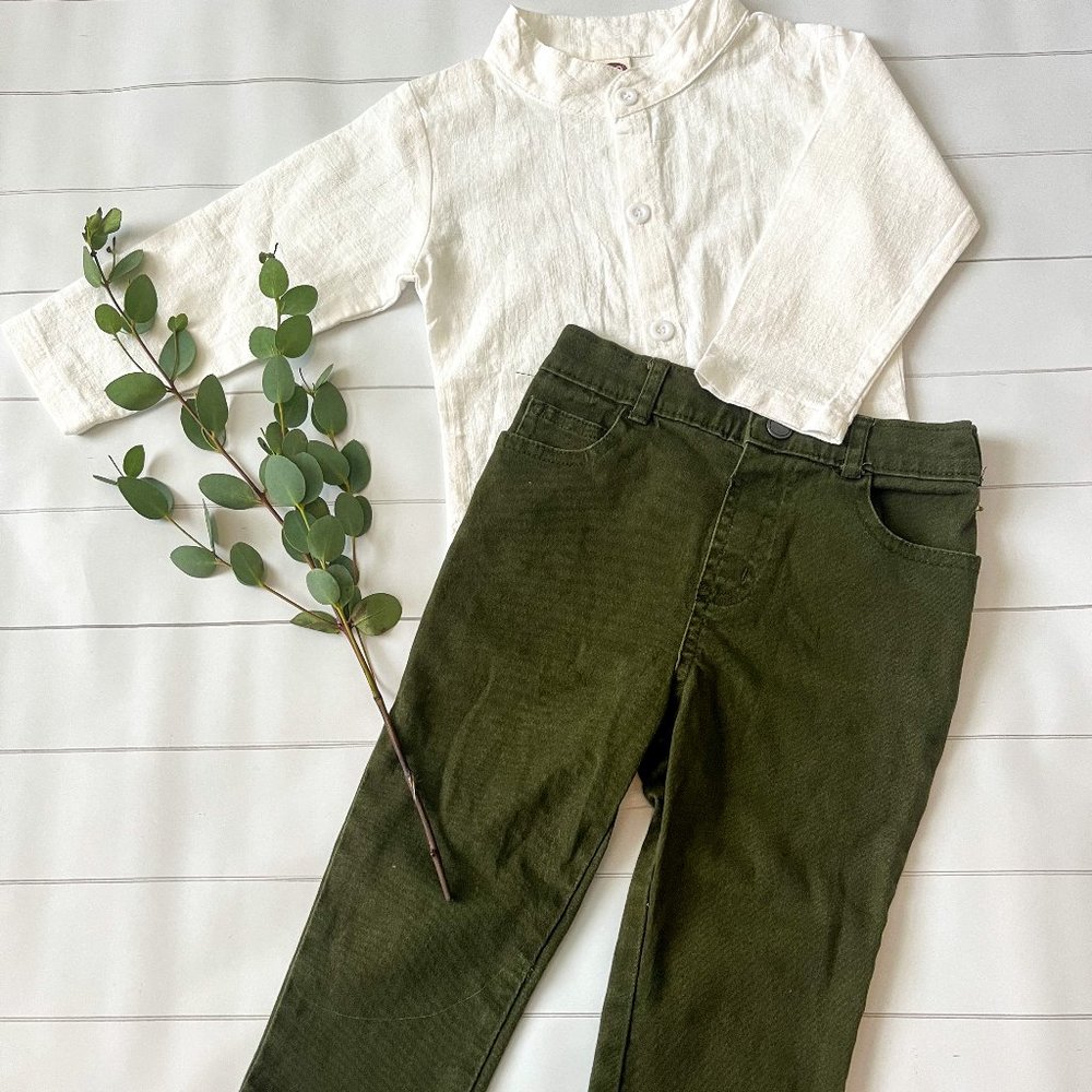 18-24M White Button Down Onesie and 24M Forest Green Pants